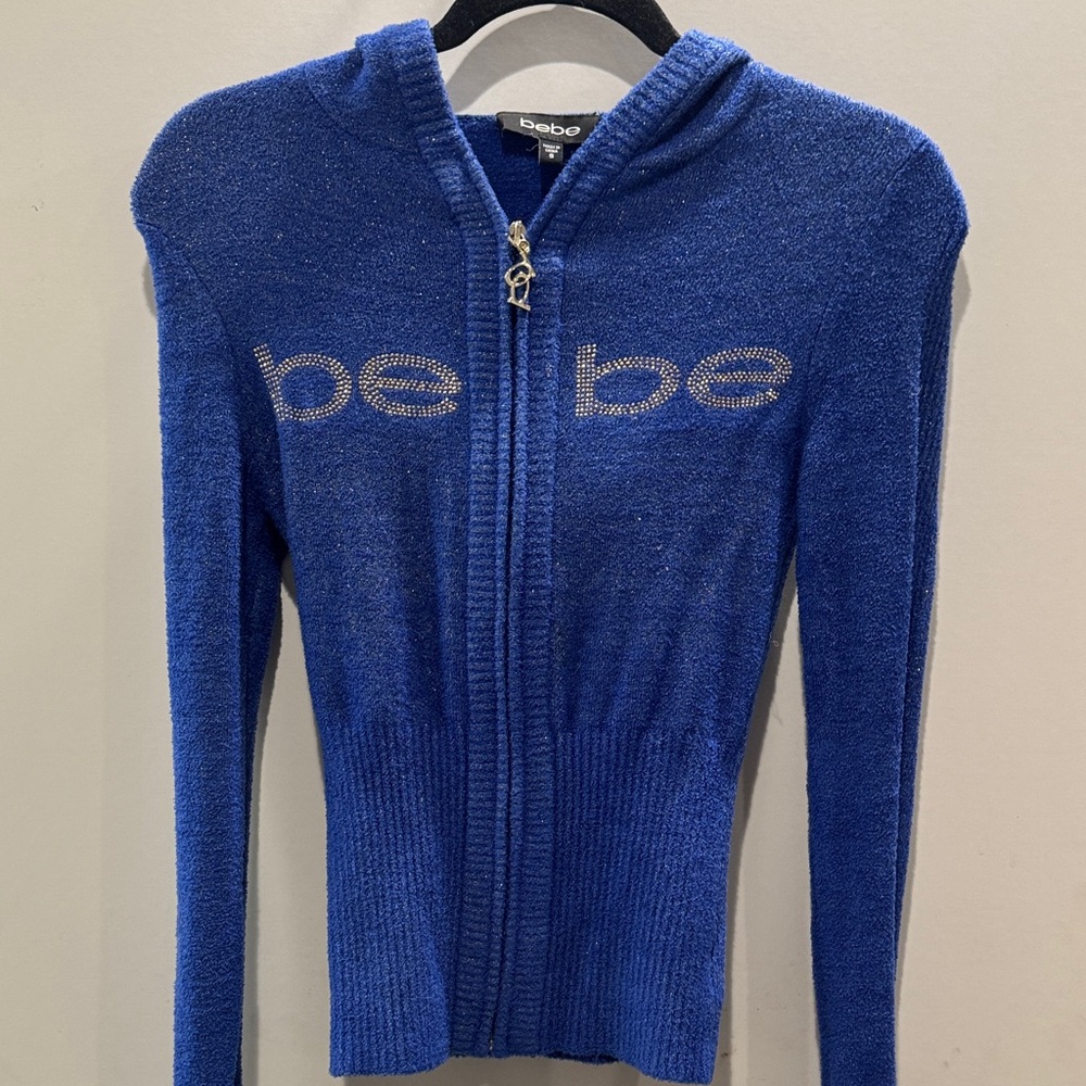 bebe Rhinestone Logo Zip-Up Hooded Sweater in Royal Blue
